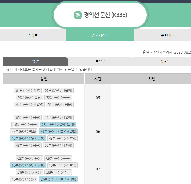 경의중앙선 시간표 막차 첫차 시간